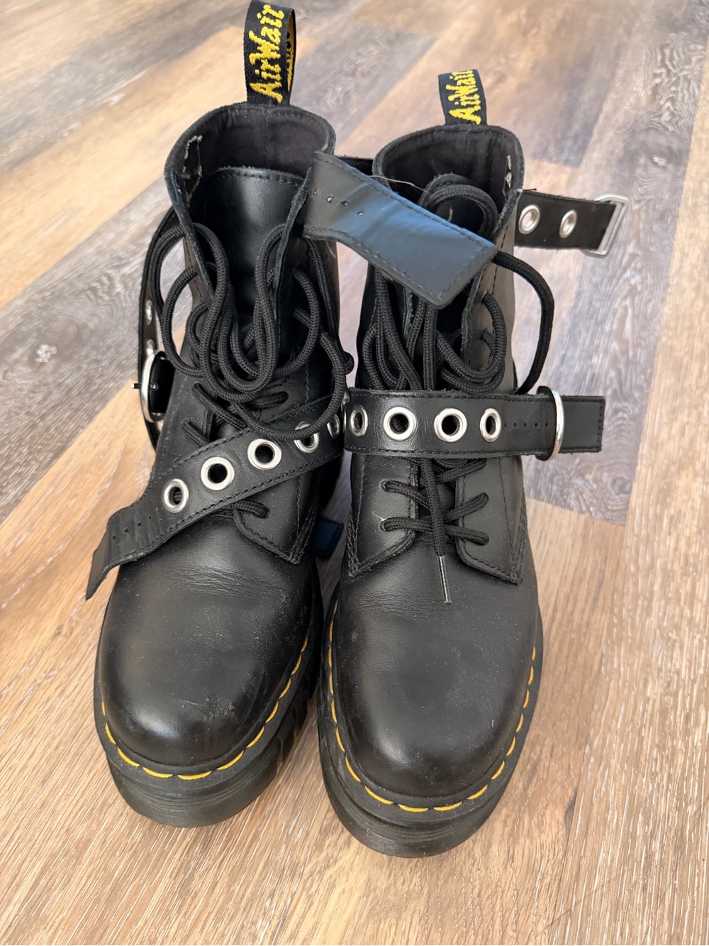 Dr. Martens Black Leather Grommet Strap Lug Boots with Yellow Stitch - Picture 3 of 4